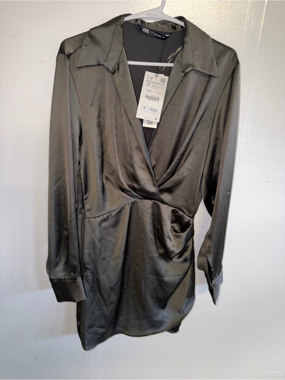 Zara Olive Green Satin Wrap Mini Dress